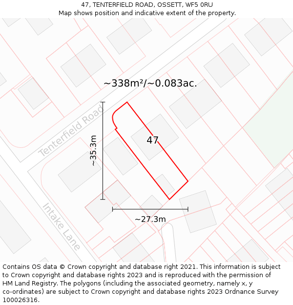 47, TENTERFIELD ROAD, OSSETT, WF5 0RU: Plot and title map