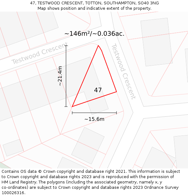 47, TESTWOOD CRESCENT, TOTTON, SOUTHAMPTON, SO40 3NG: Plot and title map