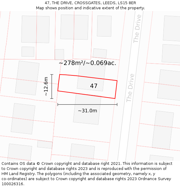 47, THE DRIVE, CROSSGATES, LEEDS, LS15 8ER: Plot and title map