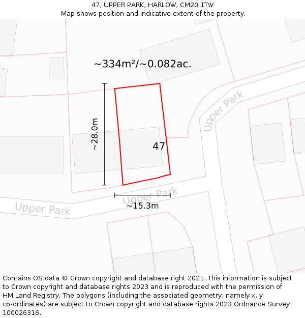 47, UPPER PARK, HARLOW, CM20 1TW: Plot and title map