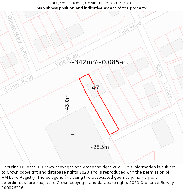 47, VALE ROAD, CAMBERLEY, GU15 3DR: Plot and title map