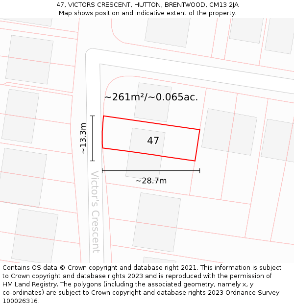 47, VICTORS CRESCENT, HUTTON, BRENTWOOD, CM13 2JA: Plot and title map