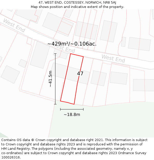 47, WEST END, COSTESSEY, NORWICH, NR8 5AJ: Plot and title map