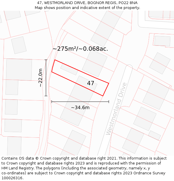 47, WESTMORLAND DRIVE, BOGNOR REGIS, PO22 8NA: Plot and title map