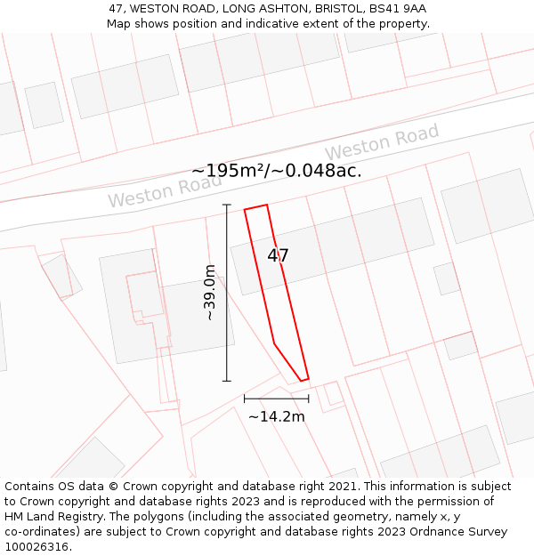 47, WESTON ROAD, LONG ASHTON, BRISTOL, BS41 9AA: Plot and title map