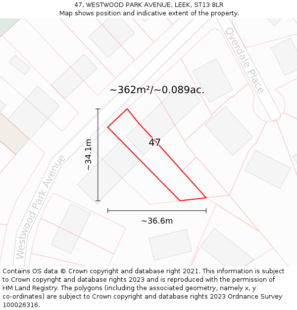 47, WESTWOOD PARK AVENUE, LEEK, ST13 8LR: Plot and title map