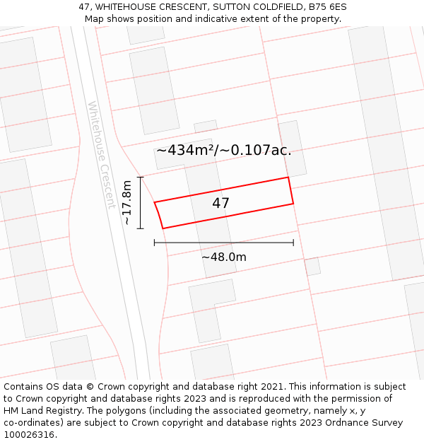 47, WHITEHOUSE CRESCENT, SUTTON COLDFIELD, B75 6ES: Plot and title map