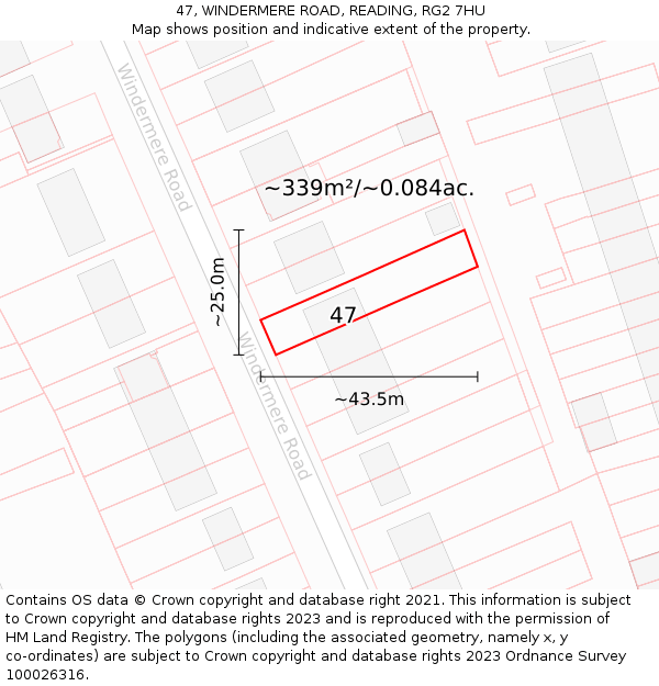 47, WINDERMERE ROAD, READING, RG2 7HU: Plot and title map