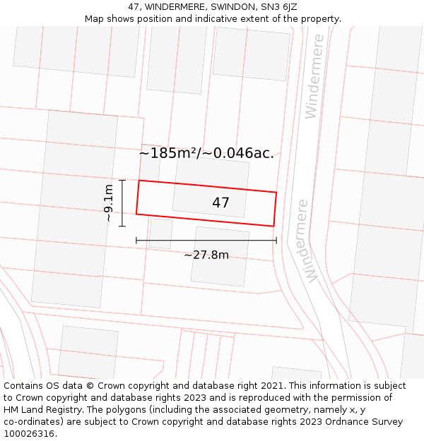 47, WINDERMERE, SWINDON, SN3 6JZ: Plot and title map