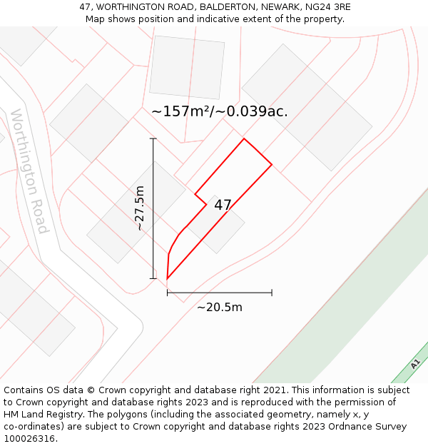 47, WORTHINGTON ROAD, BALDERTON, NEWARK, NG24 3RE: Plot and title map