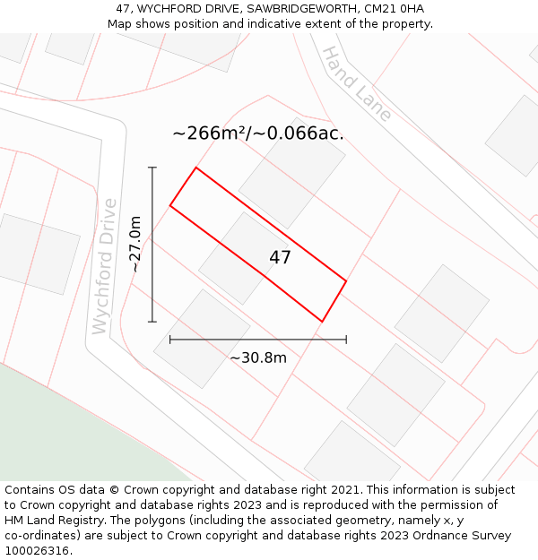 47, WYCHFORD DRIVE, SAWBRIDGEWORTH, CM21 0HA: Plot and title map