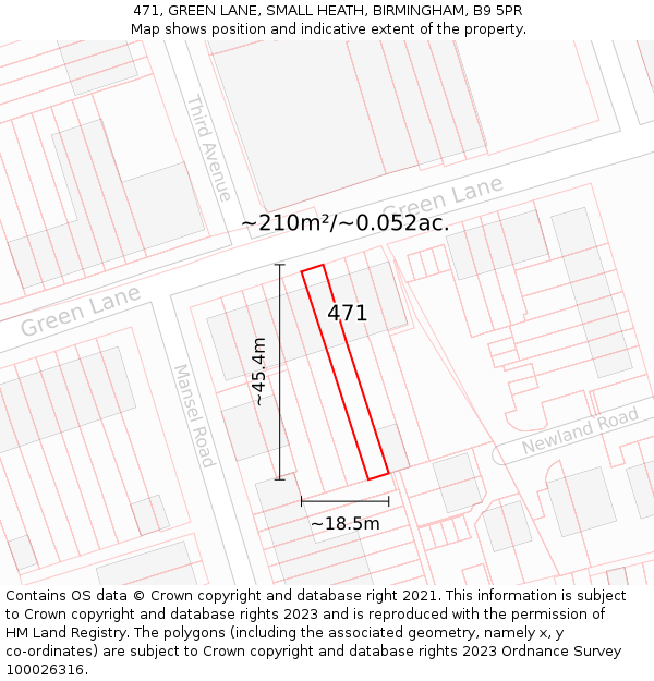 471, GREEN LANE, SMALL HEATH, BIRMINGHAM, B9 5PR: Plot and title map