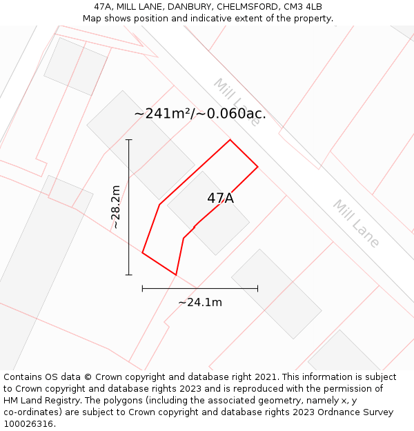 47A, MILL LANE, DANBURY, CHELMSFORD, CM3 4LB: Plot and title map