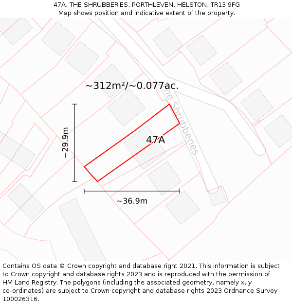 47A, THE SHRUBBERIES, PORTHLEVEN, HELSTON, TR13 9FG: Plot and title map