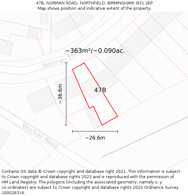 47B, NORMAN ROAD, NORTHFIELD, BIRMINGHAM, B31 2EP: Plot and title map