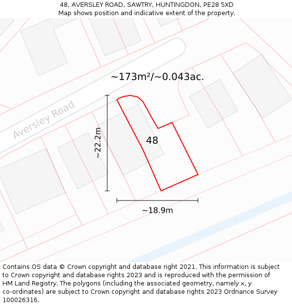 48, AVERSLEY ROAD, SAWTRY, HUNTINGDON, PE28 5XD: Plot and title map