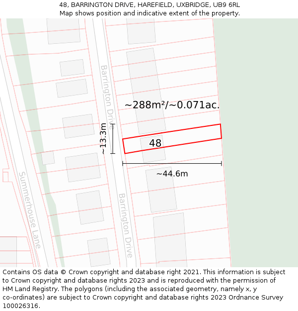 48, BARRINGTON DRIVE, HAREFIELD, UXBRIDGE, UB9 6RL: Plot and title map