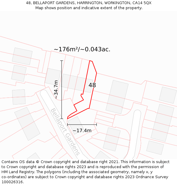 48, BELLAPORT GARDENS, HARRINGTON, WORKINGTON, CA14 5QX: Plot and title map