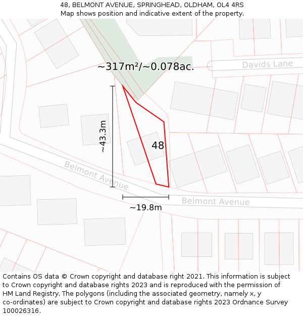 48, BELMONT AVENUE, SPRINGHEAD, OLDHAM, OL4 4RS: Plot and title map