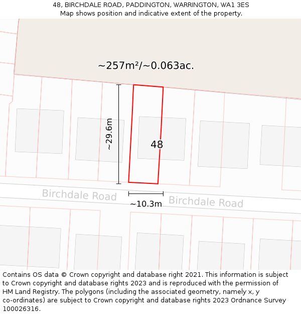 48, BIRCHDALE ROAD, PADDINGTON, WARRINGTON, WA1 3ES: Plot and title map