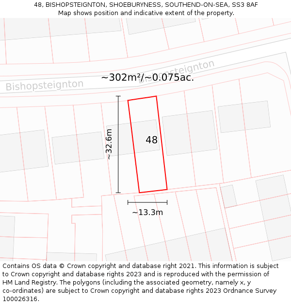 48, BISHOPSTEIGNTON, SHOEBURYNESS, SOUTHEND-ON-SEA, SS3 8AF: Plot and title map