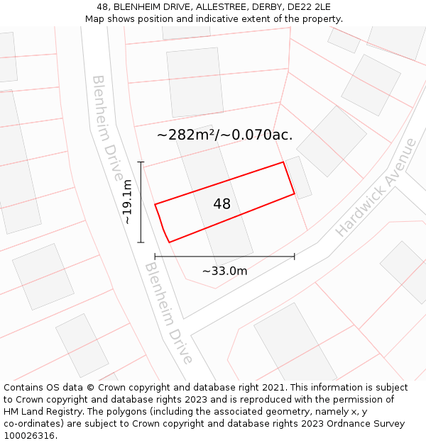 48, BLENHEIM DRIVE, ALLESTREE, DERBY, DE22 2LE: Plot and title map