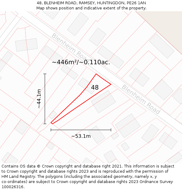 48, BLENHEIM ROAD, RAMSEY, HUNTINGDON, PE26 1AN: Plot and title map