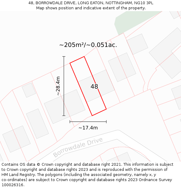 48, BORROWDALE DRIVE, LONG EATON, NOTTINGHAM, NG10 3PL: Plot and title map