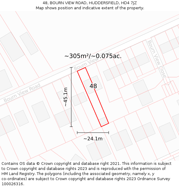 48, BOURN VIEW ROAD, HUDDERSFIELD, HD4 7JZ: Plot and title map