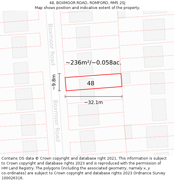 48, BOXMOOR ROAD, ROMFORD, RM5 2SJ: Plot and title map