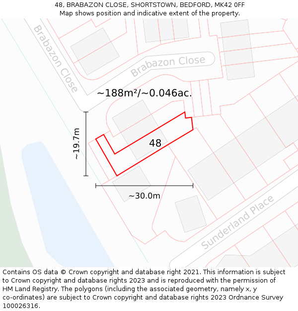 48, BRABAZON CLOSE, SHORTSTOWN, BEDFORD, MK42 0FF: Plot and title map