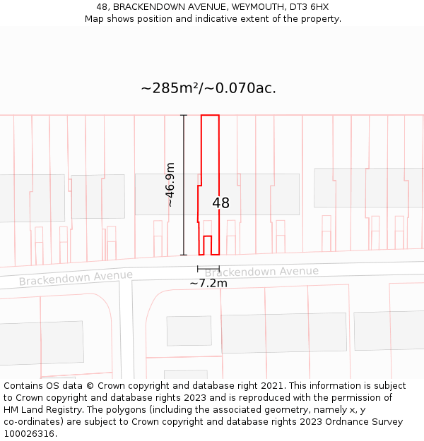 48, BRACKENDOWN AVENUE, WEYMOUTH, DT3 6HX: Plot and title map