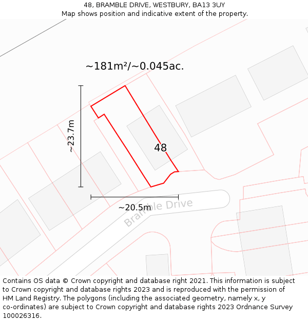 48, BRAMBLE DRIVE, WESTBURY, BA13 3UY: Plot and title map