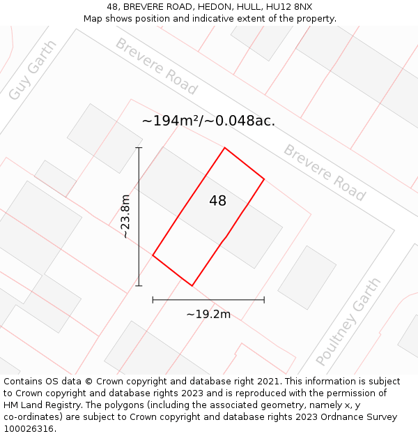 48, BREVERE ROAD, HEDON, HULL, HU12 8NX: Plot and title map