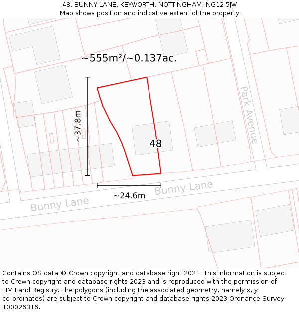 48, BUNNY LANE, KEYWORTH, NOTTINGHAM, NG12 5JW: Plot and title map