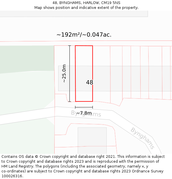 48, BYNGHAMS, HARLOW, CM19 5NS: Plot and title map