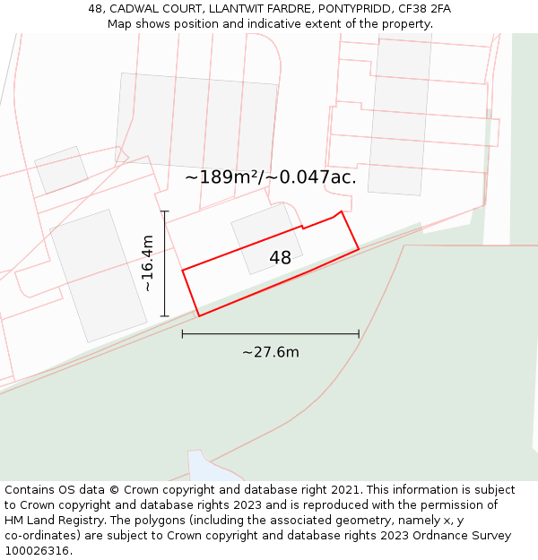 48, CADWAL COURT, LLANTWIT FARDRE, PONTYPRIDD, CF38 2FA: Plot and title map