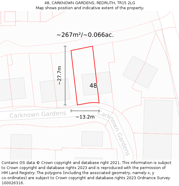 48, CARKNOWN GARDENS, REDRUTH, TR15 2LG: Plot and title map