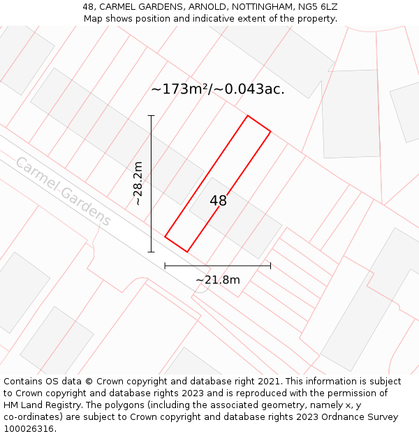 48, CARMEL GARDENS, ARNOLD, NOTTINGHAM, NG5 6LZ: Plot and title map