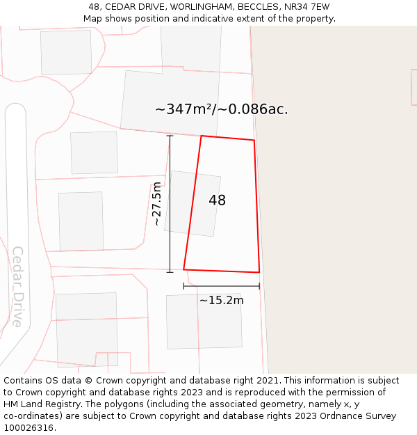 48, CEDAR DRIVE, WORLINGHAM, BECCLES, NR34 7EW: Plot and title map