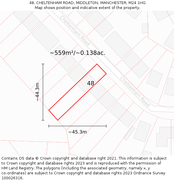 48, CHELTENHAM ROAD, MIDDLETON, MANCHESTER, M24 1HG: Plot and title map