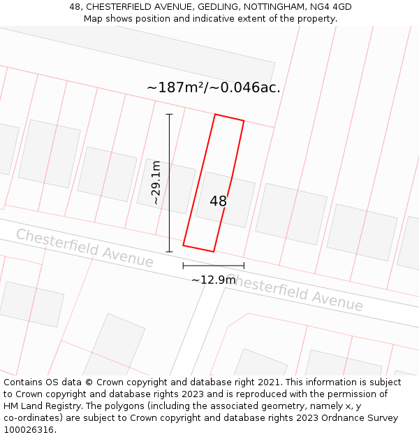 48, CHESTERFIELD AVENUE, GEDLING, NOTTINGHAM, NG4 4GD: Plot and title map