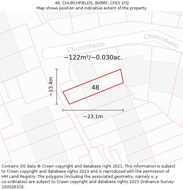 48, CHURCHFIELDS, BARRY, CF63 1FQ: Plot and title map