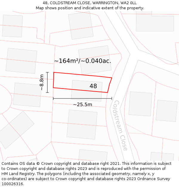 48, COLDSTREAM CLOSE, WARRINGTON, WA2 0LL: Plot and title map