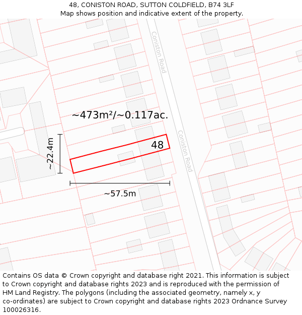 48, CONISTON ROAD, SUTTON COLDFIELD, B74 3LF: Plot and title map