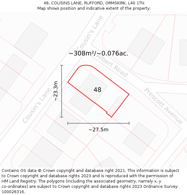 48, COUSINS LANE, RUFFORD, ORMSKIRK, L40 1TN: Plot and title map