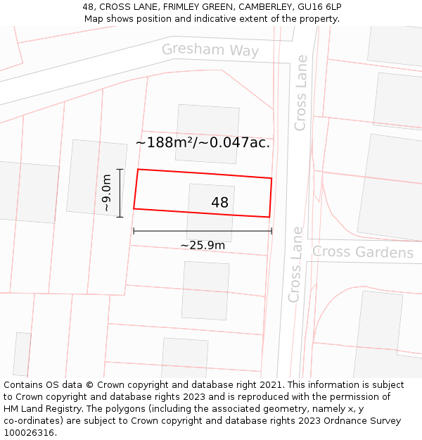 48, CROSS LANE, FRIMLEY GREEN, CAMBERLEY, GU16 6LP: Plot and title map