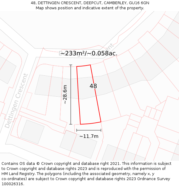 48, DETTINGEN CRESCENT, DEEPCUT, CAMBERLEY, GU16 6GN: Plot and title map