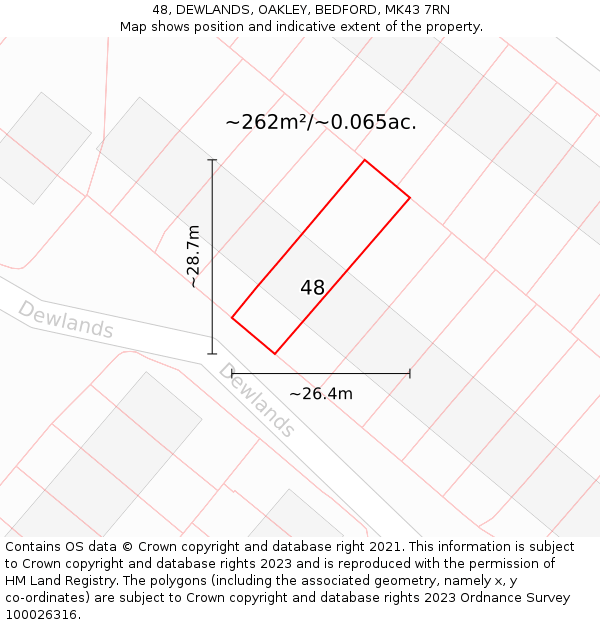 48, DEWLANDS, OAKLEY, BEDFORD, MK43 7RN: Plot and title map