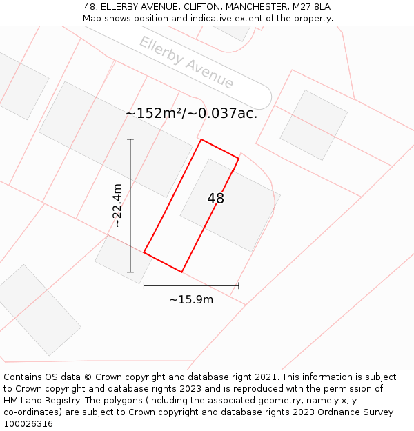 48, ELLERBY AVENUE, CLIFTON, MANCHESTER, M27 8LA: Plot and title map